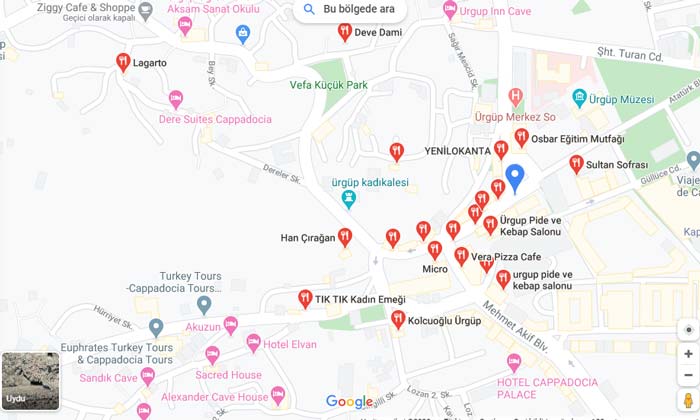 Ürgüp restoran haritası ve listesi 2020