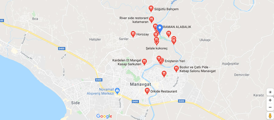 manavgat şelalesi restoran lokanta haritası